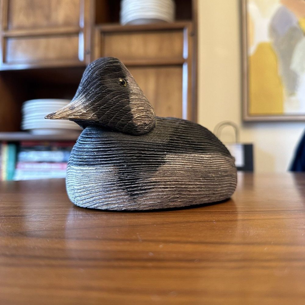 VINTAGE SIGNED The Duck Shop Macomb IL WOOD DUCK DECOY GLASS EYES Bufflehead